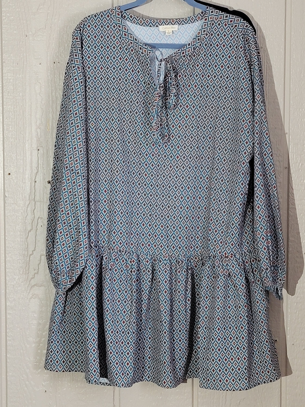 Light Blue Geo-Print Long Sleeve Peasant Dress